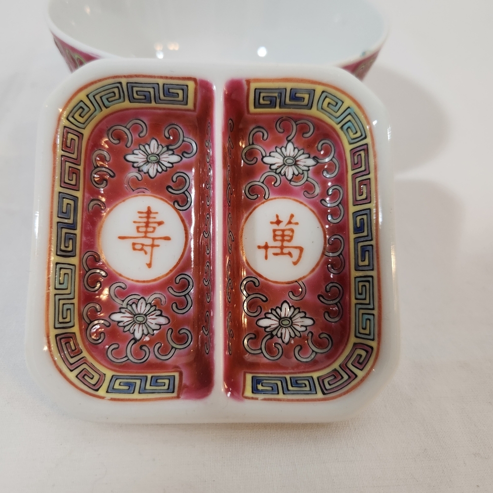 Asian Ceramic Rice Bowl Divided Condiment Dish Set - Picture 3 of 6